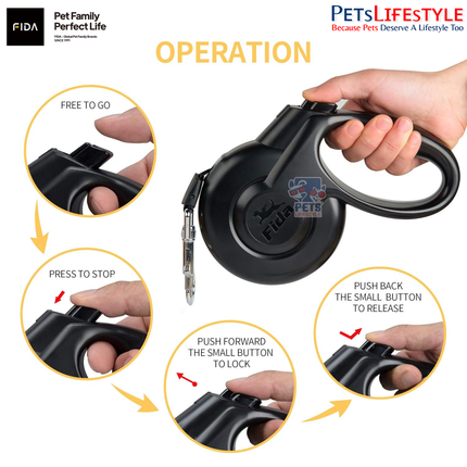 FIDA Styleash (BLACK) Retractable Dog Leash – Anti-Twist, Heavy Duty