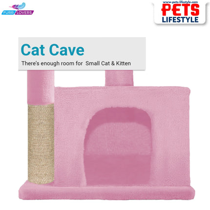 FURRLOVERS Condo Kitten Cat Tree – Plush Fur Fabric, Top Perch, Hanging Ball & Scratching Post (12x12 Inch Condo)