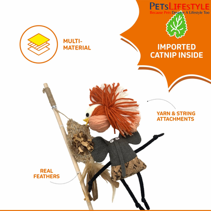FOFOS Natural Cat Toy – Orange Bird, Mouse & Fish with Wand
