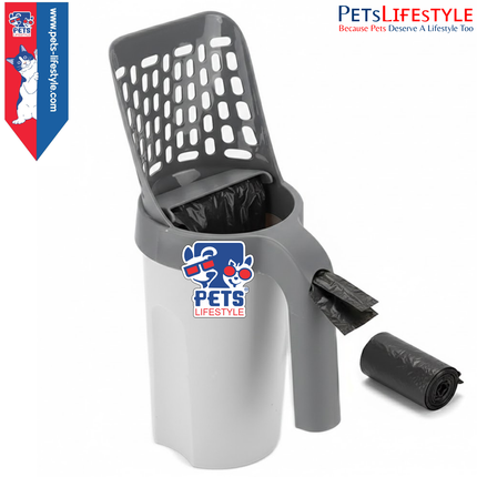 Integrated Cat Litter Scoop with Built-In Garbage Bag Box – All-in-One One-Hand Cleaning System (Grey)