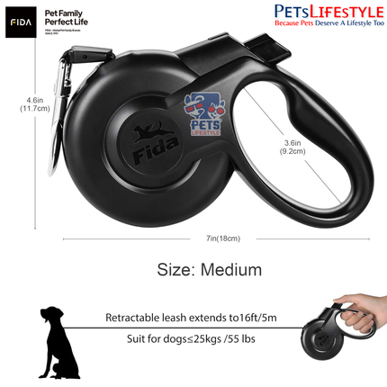 FIDA Styleash (BLACK) Retractable Dog Leash – Anti-Twist, Heavy Duty