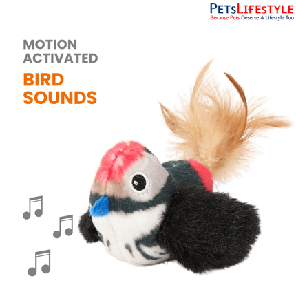 FOFOS Black Bird Cat Toy – Interactive Plush Bird with Motion-Activated Sounds, Real Feathers & 3 Organic Catnip Balls