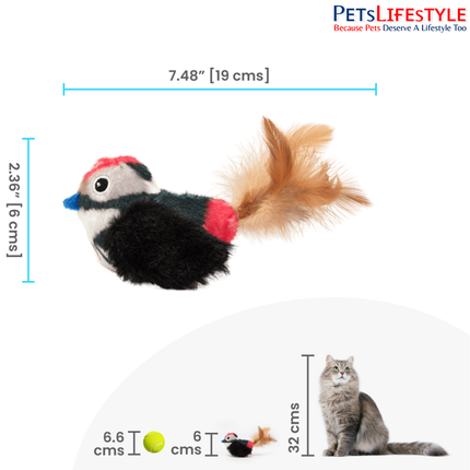 FOFOS Black Bird Cat Toy – Interactive Plush Bird with Motion-Activated Sounds, Real Feathers & 3 Organic Catnip Balls
