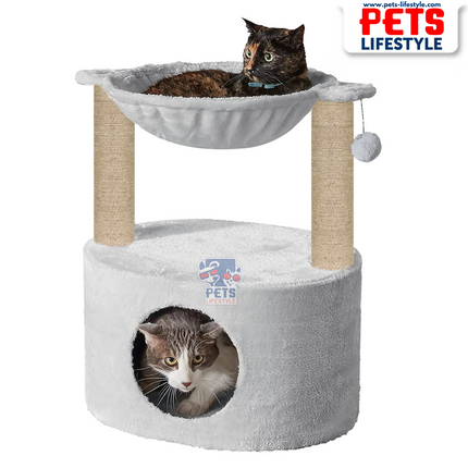 Canine Desk Dual Level Cat Bed and Scratching Post with Hammock