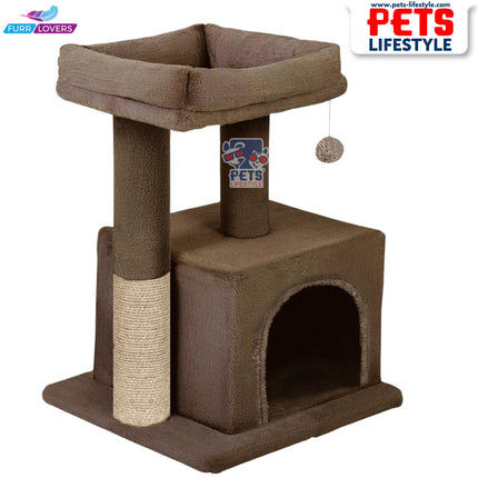 FURRLOVERS Condo Kitten Cat Tree – Plush Fur Fabric, Top Perch, Hanging Ball & Scratching Post (12x12 Inch Condo)