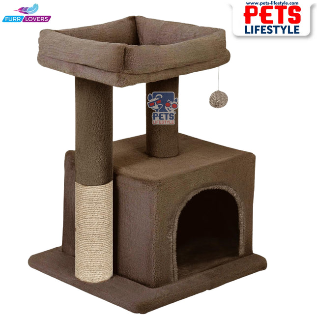 Canine Desk Condo Kitten Cat Tree – Plush Fur Fabric, Top Perch, Hanging Ball & Scratching Post (12x12 Inch Condo)