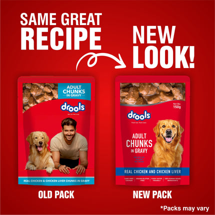 Drools Adult Wet Dog Food, Real Chicken and Chicken Liver Chunks in Gravy, 24 Pouches (24 x 150g)