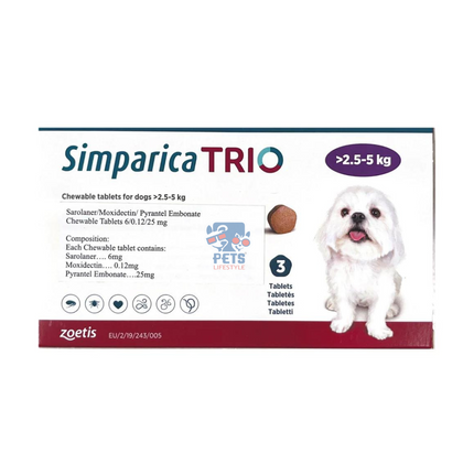 Zoetis Simparica Trio Dog Tick and Flea Control Tablet 2.5 - 5 kg - (1 Tab)