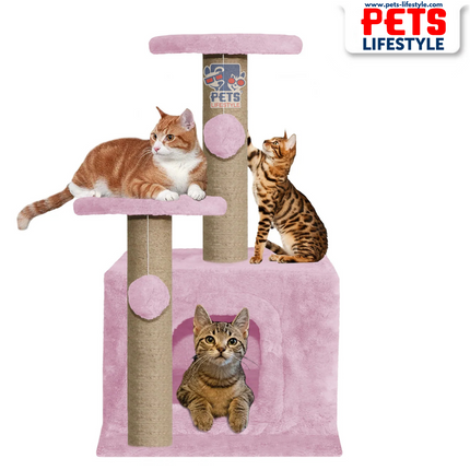 Canine Desk Soft Fur Activity Cat Tree – Natural Sisal Scratching Posts & Hanging Ball Toys