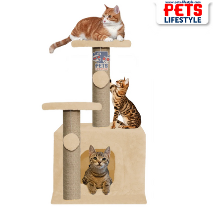 Canine Desk Soft Fur Activity Cat Tree – Natural Sisal Scratching Posts & Hanging Ball Toys