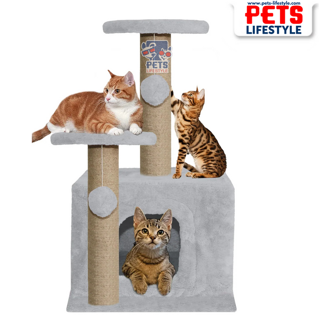 Canine Desk Soft Fur Activity Cat Tree – Natural Sisal Scratching Posts & Hanging Ball Toys