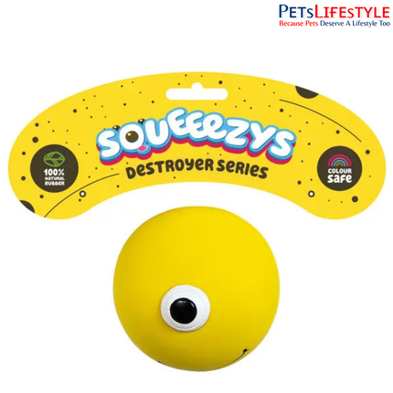 Squeeezys Latex Monster Ball Yellow Squeaky Dog Toy – Natural Latex Rubber Play Toy for Dogs