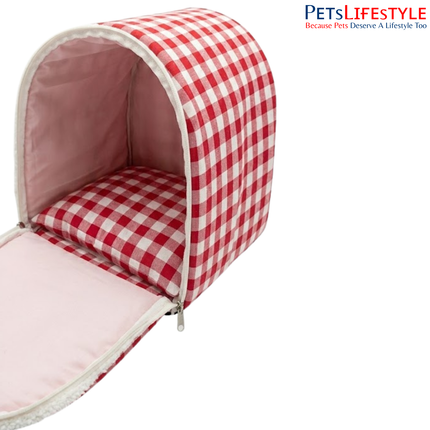 Foldable Igloo Pet House for Dogs & Cats – Red and White Checkered Cave Bed