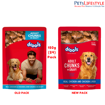 Drools Adult Wet Dog Food, Real Chicken and Chicken Liver Chunks in Gravy, 24 Pouches (24 x 150g)