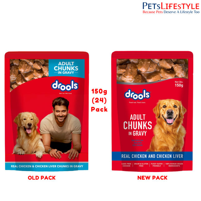 Drools Adult Wet Dog Food, Real Chicken and Chicken Liver Chunks in Gravy, 24 Pouches (24 x 150g)