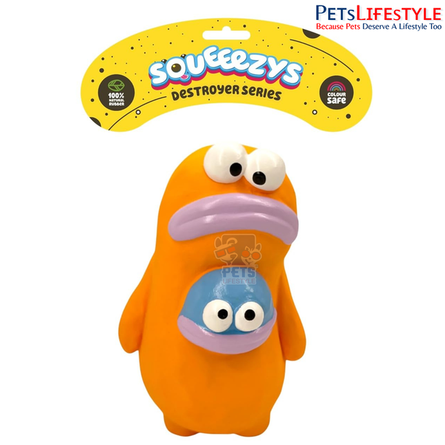 Squeeezys Latex Monster Brother Orange & Blue Squeaky Dog Toy – Natural Latex Chew Toy for Small & Medium Dogs