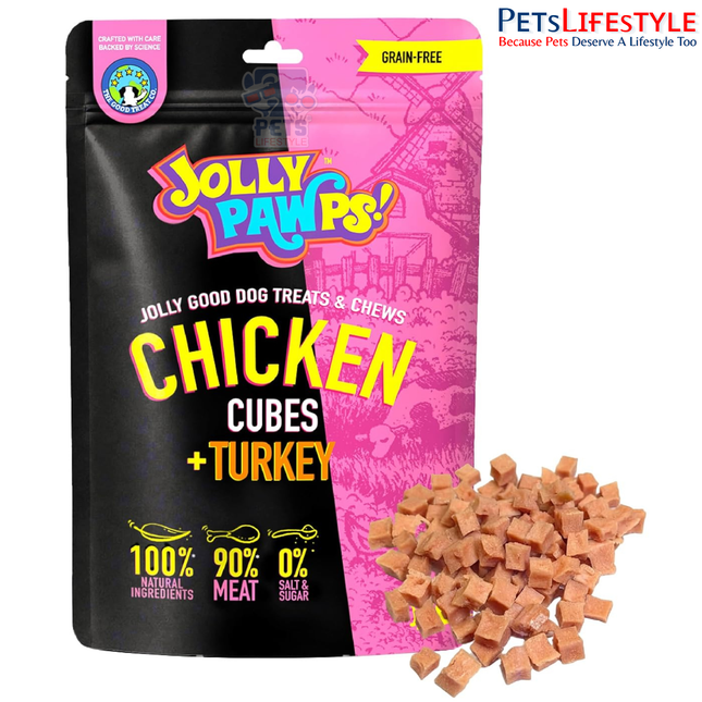Jolly Pawps Chicken Cubes + Turkey Dog Treats 85 g – 90% Prime Cut Meat, Grain-Free Protein-Rich Training Treats for Dogs & Puppies