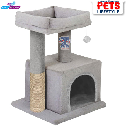 FURRLOVERS Condo Kitten Cat Tree – Plush Fur Fabric, Top Perch, Hanging Ball & Scratching Post (12x12 Inch Condo)