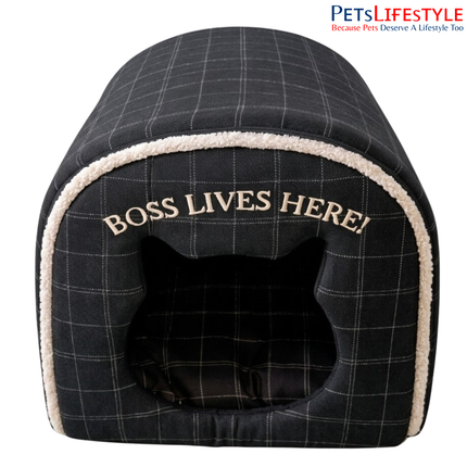 Premium Tunnel Cave Pet House with Boss Lives Here Embroidery Pet House with Plush Cushion, Indoor Pet Bed