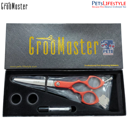 GrooMaster 6” Curved Shears ( Red and Blue )with Aluminium Handle – Precision Styling & Asian Fusion Grooming Scissors
