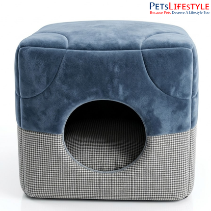 Designer Dual-Texture Velvet and Houndstooth Luxury Pet Cube House Pet House with Plush Cushion, Indoor Pet Bed