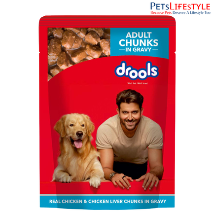 Drools Adult Wet Dog Food, Real Chicken and Chicken Liver Chunks in Gravy, 24 Pouches (24 x 150g)