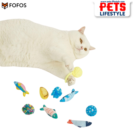 FOFOS Sardine Cat Toy 9 Pack Catnip-Infused Multi-Texture Toys for Batting & Swatting