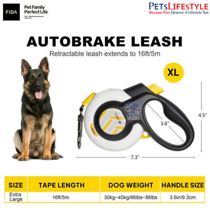 FIDA AutoBrake Retractable Dog Leash 16ft Safety Lock
