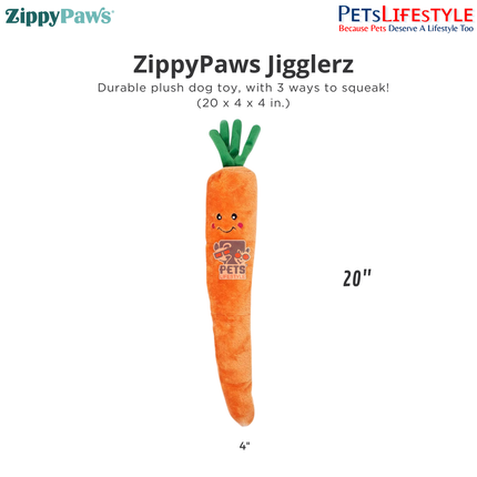 ZippyPaws Jigglerz – Carrot  Stuffing-Free Plush Tug Dog Toy with Jiggler Squeaker