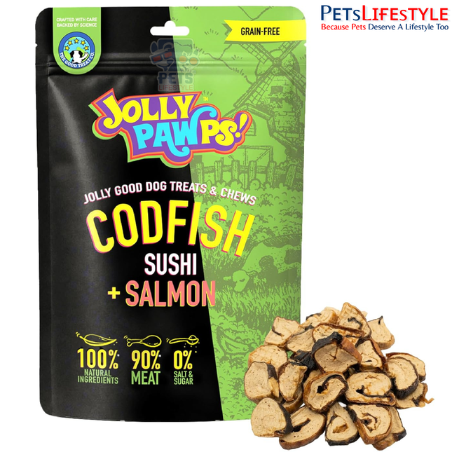 Jolly Pawps Codfish + Salmon Sushi Dog Treats 80 g – 90% Prime Cut Fish, Grain-Free Training Treats for Dogs & Puppies