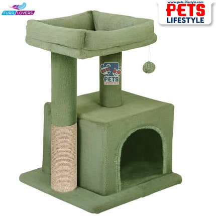 FURRLOVERS Condo Kitten Cat Tree – Plush Fur Fabric, Top Perch, Hanging Ball & Scratching Post (12x12 Inch Condo)