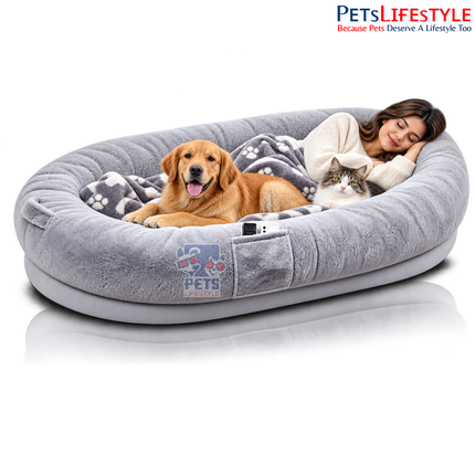 PetsLifestyle Giant Human Dog Bed – Calming Anti-Anxiety Bolster Bean Bag with Orthopedic Foam, Blanket & Pillow, Giant Oval Floor Bed