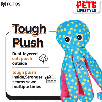 FOFOS Sealife Plush Octopus Blue Tough Layered Fabric Squeaky Toy for Moderate Chewers