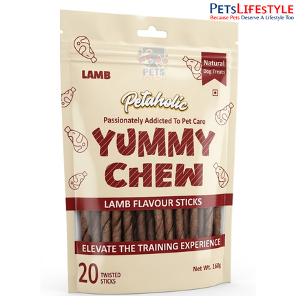 Petaholic Yummy Chew Lamb Flavour Sticks Dog Treat 160g (20 Sticks) | Premium Gluten-Free Training Treats for Dogs