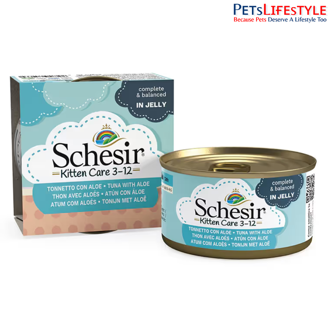 Schesir Kitten Care Tuna with Aloe Wet Food for Kittens (3–12 Months), Natural Fillets in Jelly, High Protein Kitten Nutrition, Each 85 gm