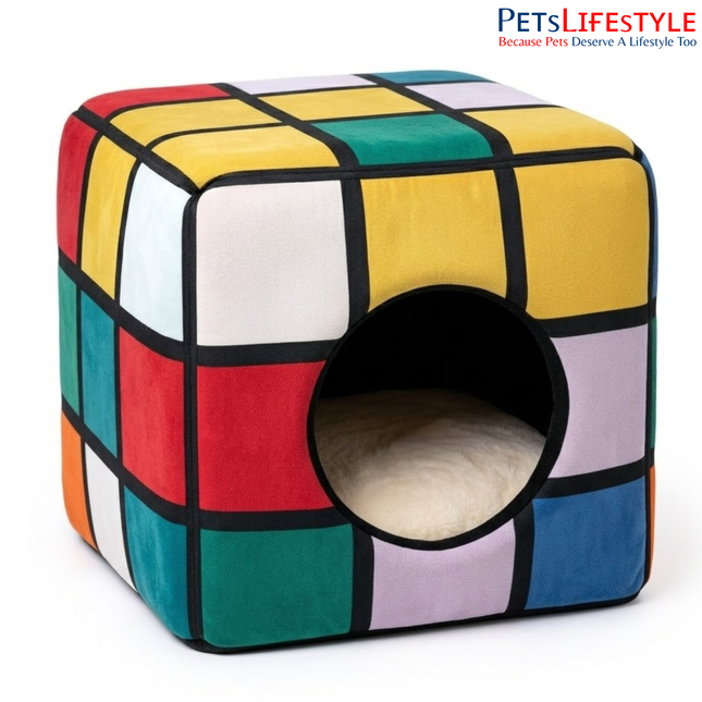 Rubik’s Cube Inspired Luxury Designer Cube Pet House with Plush Cushion, Indoor Pet Bed