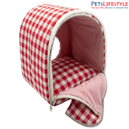 Foldable Igloo Pet House for Dogs & Cats – Red and White Checkered Cave Bed