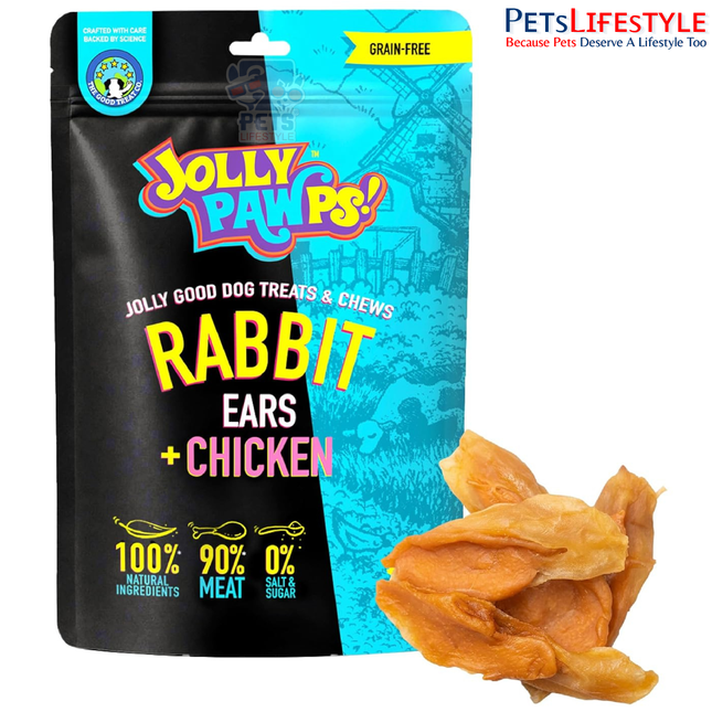 Jolly Pawps Rabbit Ears + Chicken Dog Treats 85 g – 90% Prime Cut Meat, Grain-Free Natural Dog Chews for Adult Dogs & Puppies