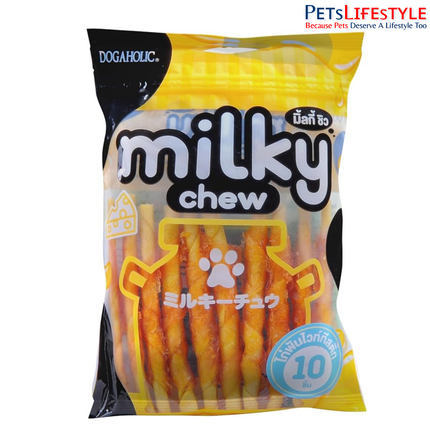 Dogaholic Milky Chew Cheese & Chicken Sticks Dog Treats – Soft Milk-Flavoured Protein-Rich Chew Snacks (10 Pieces)