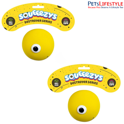 Squeeezys Latex Monster Ball Yellow Squeaky Dog Toy – Natural Latex Rubber Play Toy for Dogs