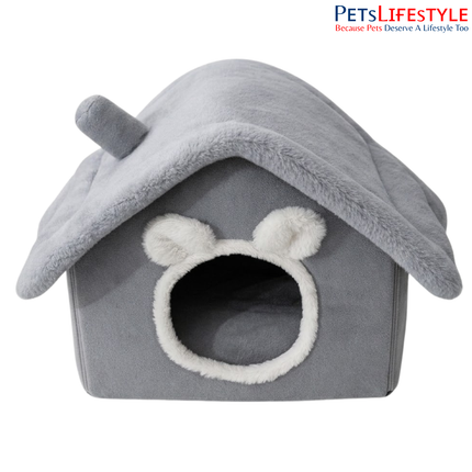 Cat House with Cat Ear Design, Indoor Pet Bed, Cosy Grey & White