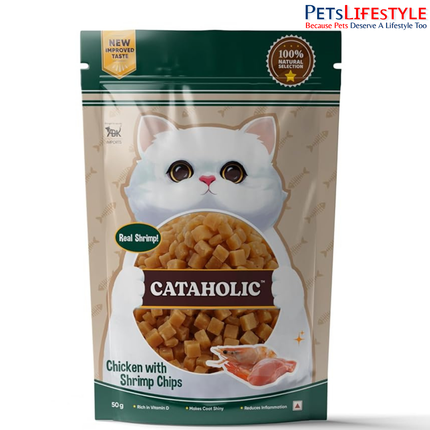 Cataholic Chicken with Shrimp Chips Cat Treats, High Protein Crunchy Snacks, Natural Training & Reward Treats for All Cat Breeds, 50 g