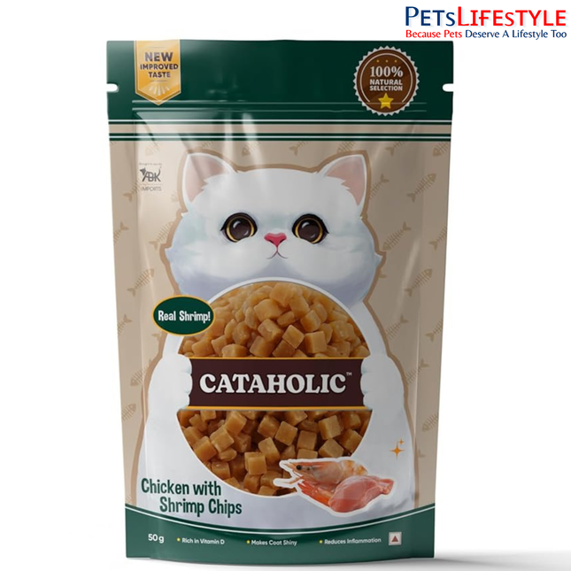 Cataholic Chicken with Shrimp Chips Cat Treats, High Protein Crunchy Snacks, Natural Training & Reward Treats for All Cat Breeds, 50 g