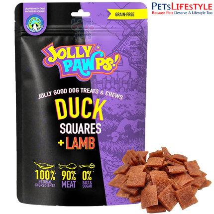 Jolly Pawps Duck Squares + Lamb Dog Treats 85 g – 90% Prime Cut Meat, Grain-Free Training Treats for Dogs & Puppies