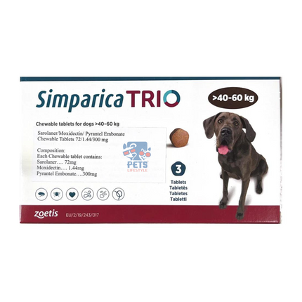 Zoetis Simparica Trio Dog Tick and Flea Control Tablet 40 - 60 kg - (1 Tab)