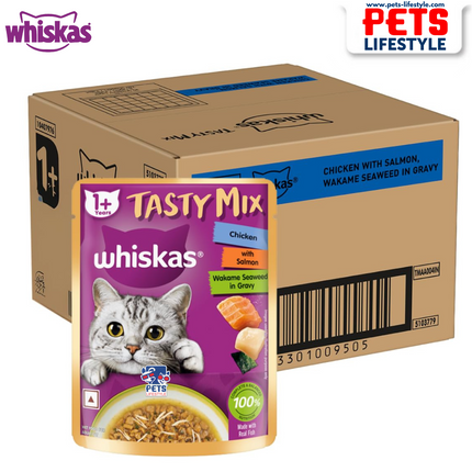 Whiskas Adult (1+ year) Tasty Mix Wet Cat Food Made With Real Fish, Chicken With Salmon Wakame Seaweed in Gravy - 70 gm packs