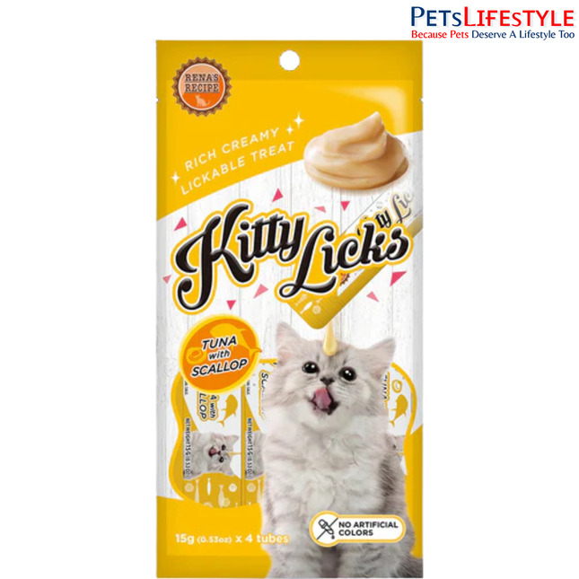 Rena’s Kitty Licks Tuna with Scallop Cat Treats 4 x 15g – Creamy Lickable Wet Treat for Adult Cats
