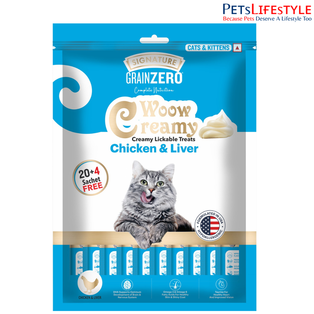 Grain Zero Creamy Lickable Cat treats Chicken and Liver (15g x24 Pcs)20 Pcs +4 Pcs Free ,360g