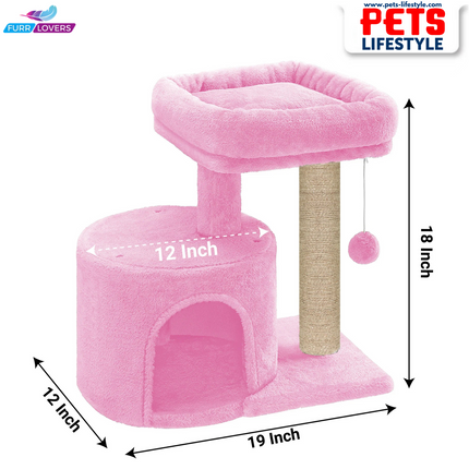 Compact Cat Tree with Scratching Post, Condo & Dangling Toy Ball – Plush Fabric (Small Space Friendly)