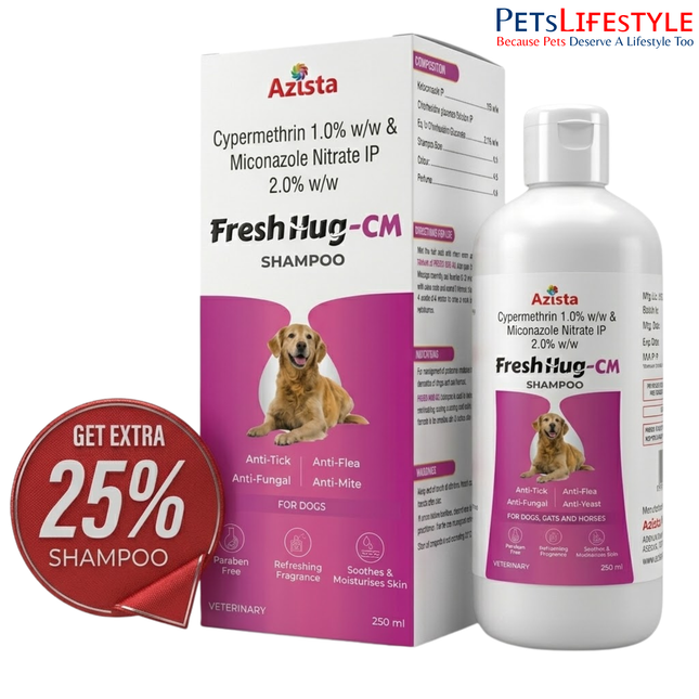 Fresh Hug CM Cypermethrin & Miconazole Shampoo 250ml for Dogs – Flea Tick & Antifungal Treatment | Azista Vet